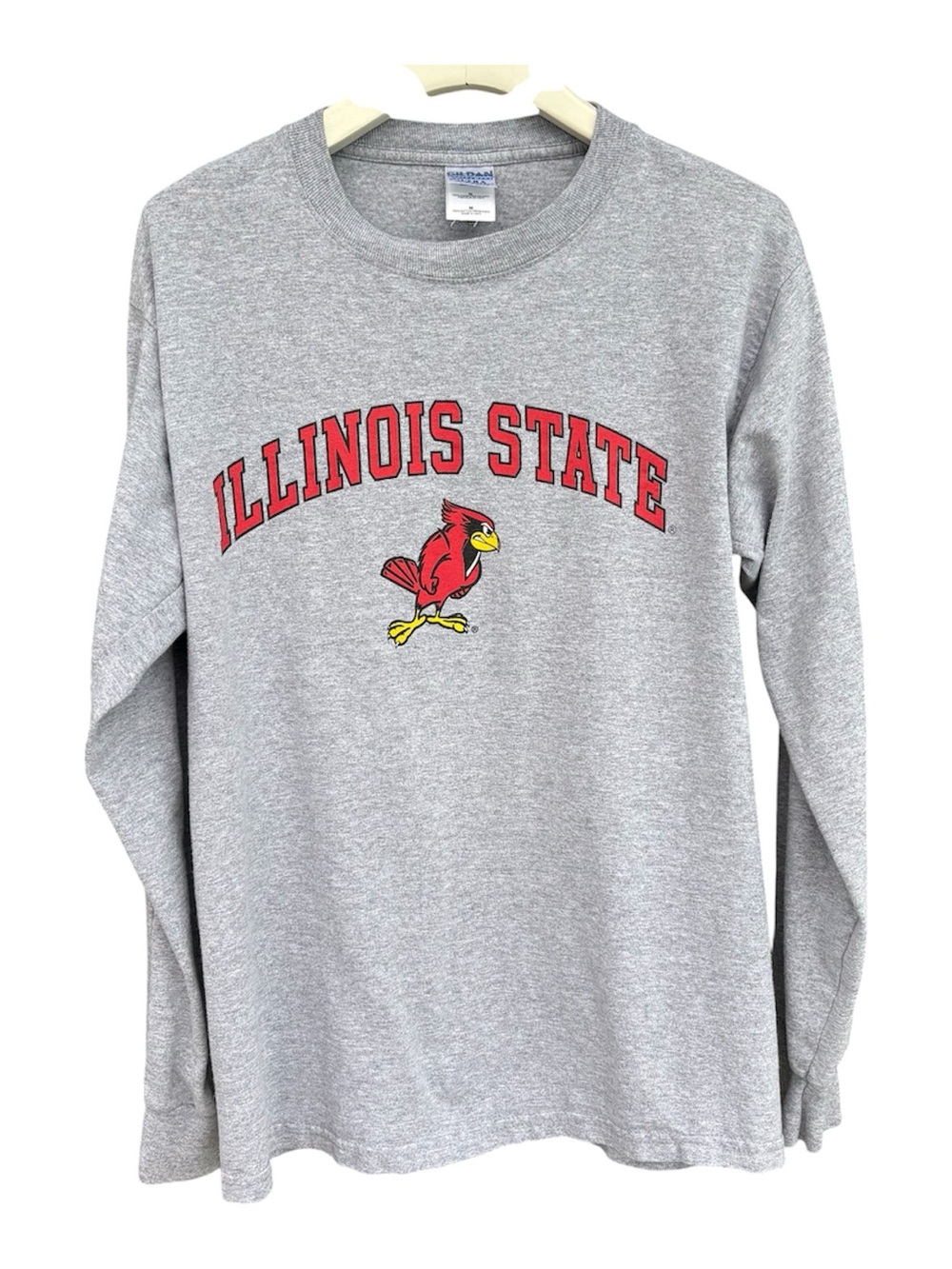 Gildan Gray Illinois State Long Sleeve Tee with Red Cardinal Logo - Size Medium